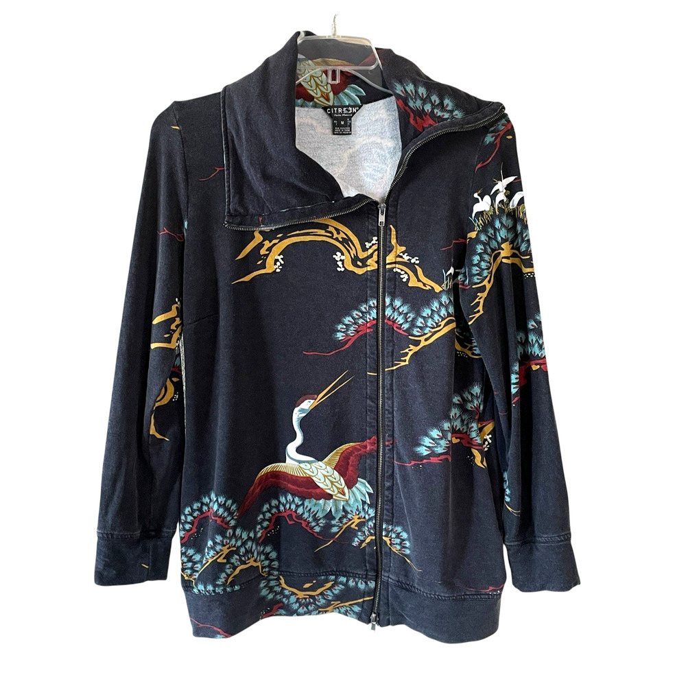 CITRON SANTA MONICA Women's Size Medium Black Crane Art-To-Wear Side Zip Jacket